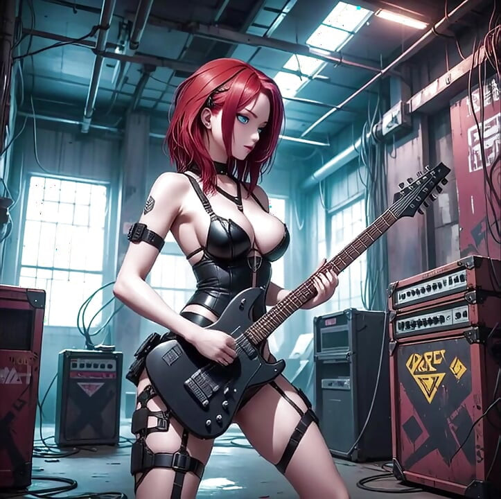 O roșcată sexy anime cântă la chitara metalică AI într-un videoclip muzical