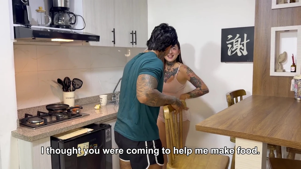 My roommate keeps bothering me so I decide to fuck him in the kitchen