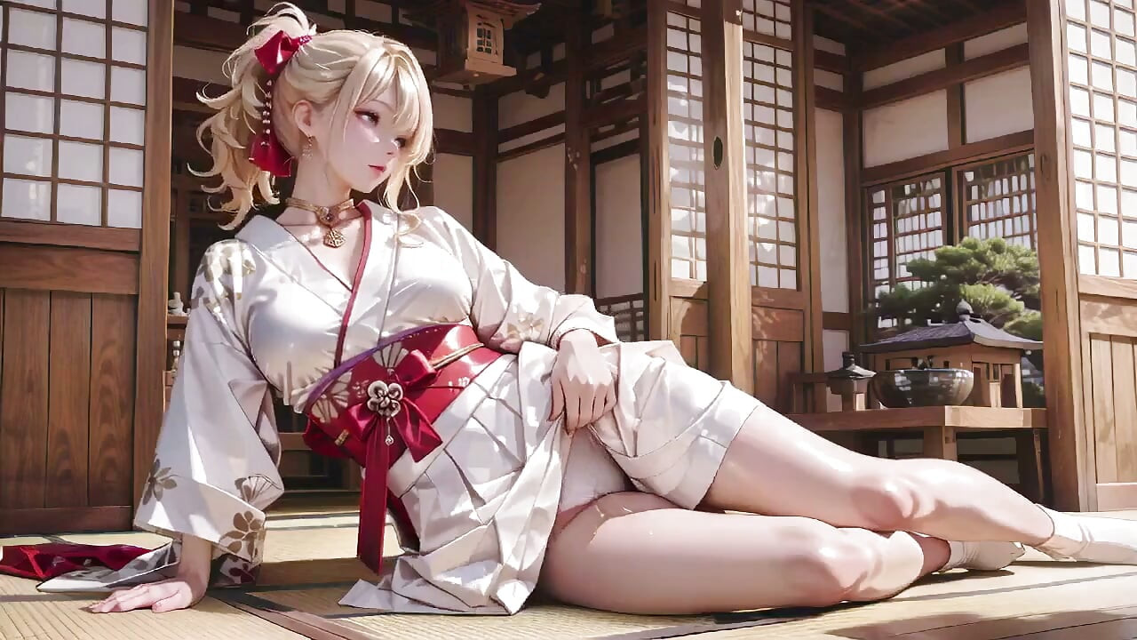 Blond Kimono flicka! Förbjuden kontrast från helgedom till ren vit säng, halvknäppt, fingertopparna skakar