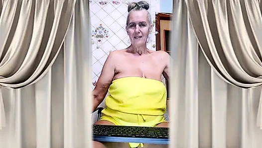 Cheerful Housewife Lukerya Shows Her Bare Feet in Kitchen. Mature Soles and Toes Close Up