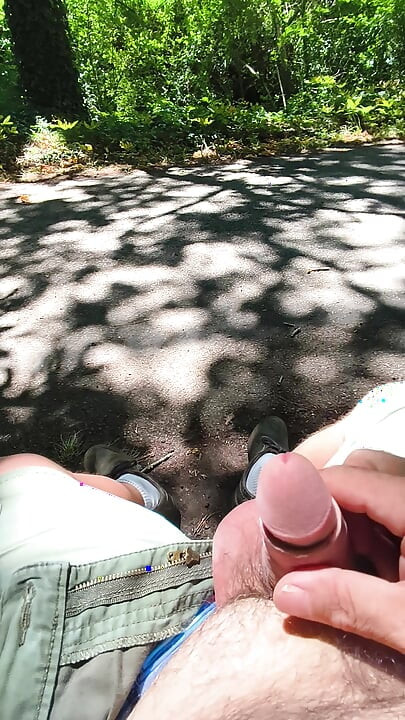 Solo masturbation on a bench in the woods