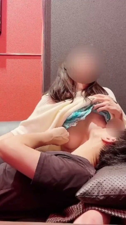 The boyfriend sucks his cute girlfriend's boobs like a baby at karaoke room. Japanese amateur | Clip 1