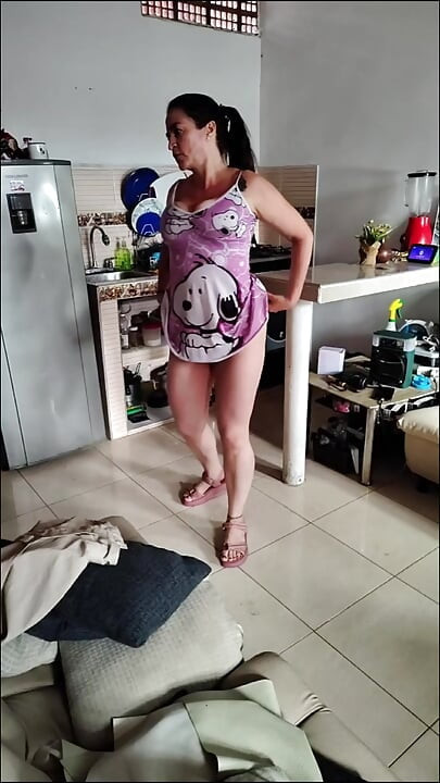 Stepmom masturbates in the kitchen with her huge tits