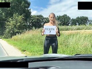 Blonde German slut in leather leggings has public sex