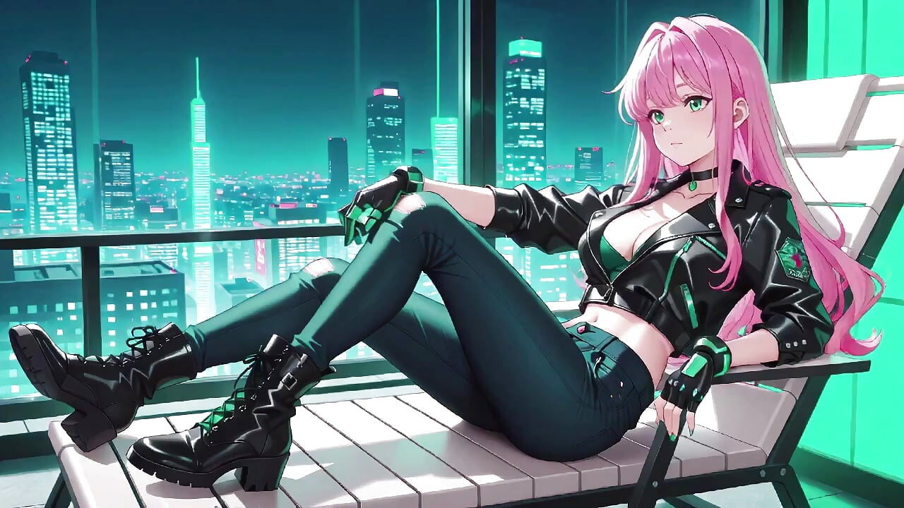 Pink-Haired Leather Tech! Private vibes in a neon-lit cyber corridor.