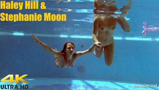 In the indoor pool, two stunning girls swim