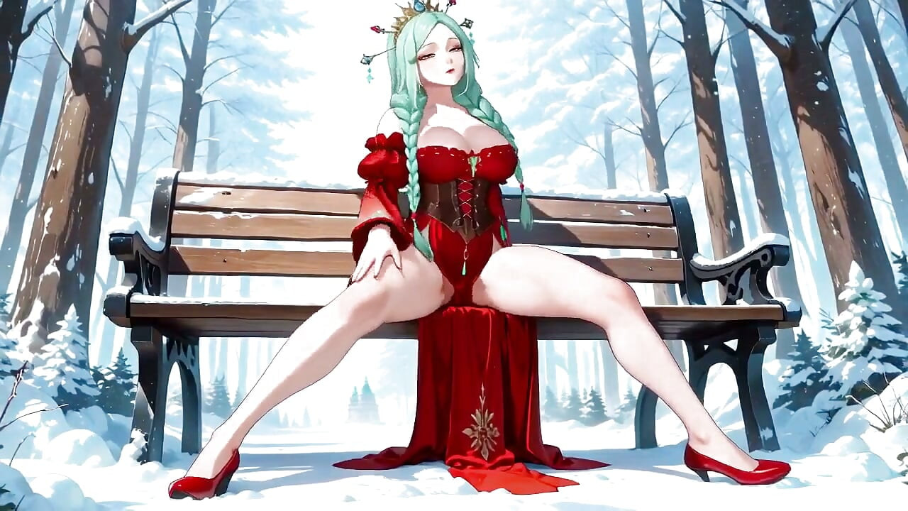 Green-haired Ice Goddess! Cold Contrast in Her Red-and-white Battle Robe, Kneeling Seductively in the Crystal Hall.