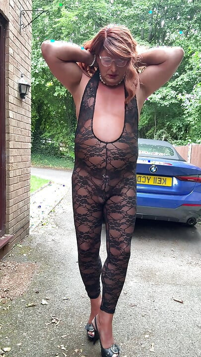 Sexy Crossdresser kellycd2022 in black lace catsuit and heels