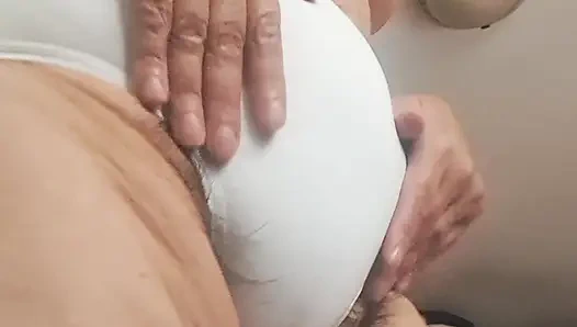 Mature stepmother showing her large panties to stepson on camera