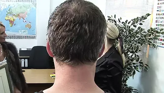 Two blondes and a brunette babes get both holes fucked in an office