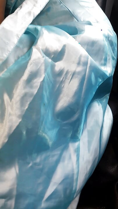 Asian Cross Masturbate and Cum wearing Satin Shiny Blue Gown