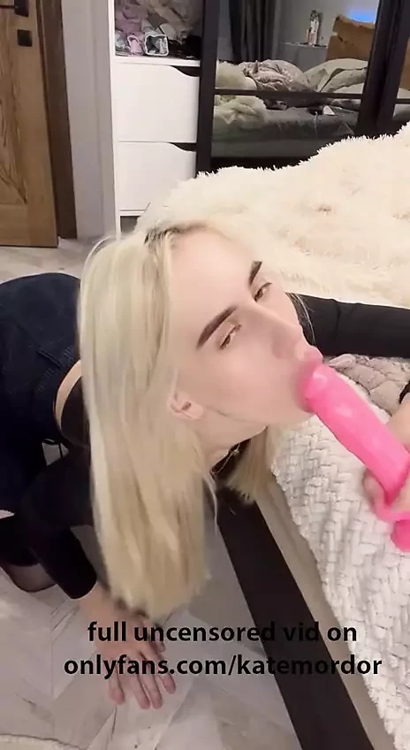 skinny blonde teen gives dildo a hot blowjob