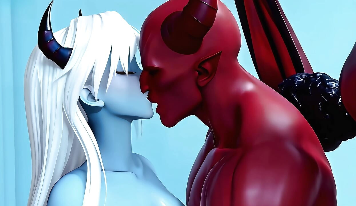 Fată diavoliță albastră și bărbat roșu, muie perfectă, 3P, mai multe persoane