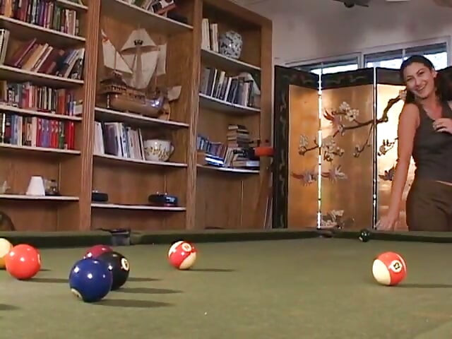 Brunette cutie in pigtails sucks dick, gets fucked on the pool table