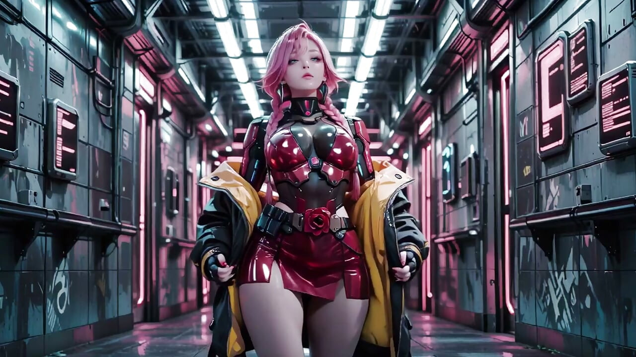 Pink-haired Mech Warrior! Kneeling in Neon Streets, Red Rose & Cold Armor Contrast, Fingertips tracing collarbones.
