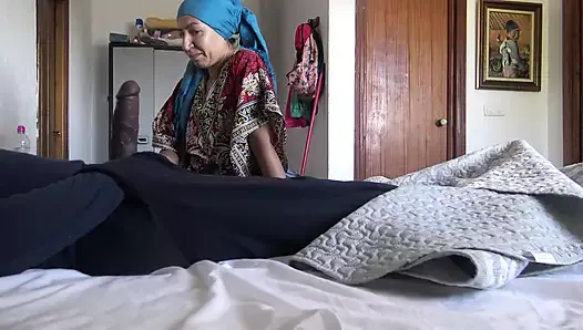 This Turkish granny is SHOCKED !!! I take out my big cock in front of her.