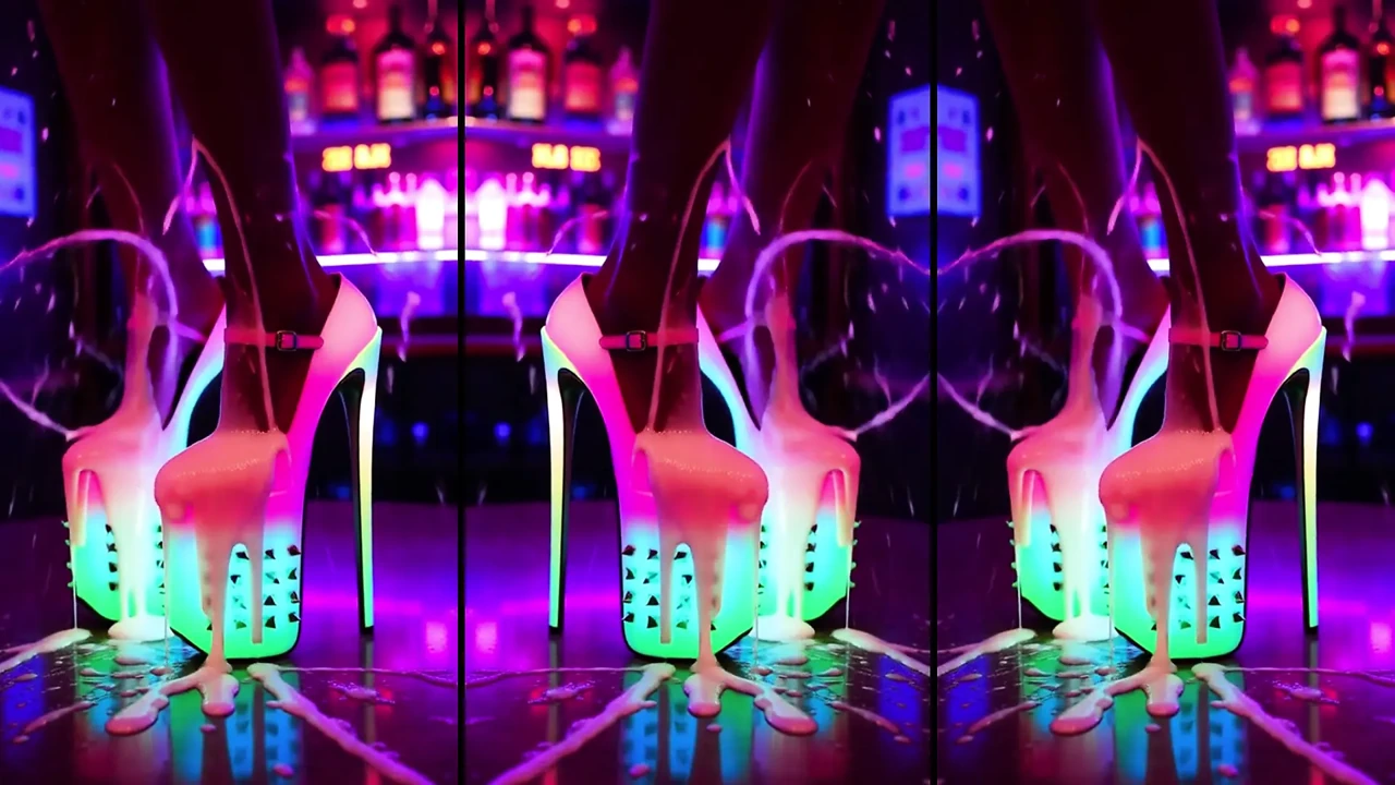 Hot high heels on a counter in a nightclub with messy cumshots on legs, feet and heels. AI-generated