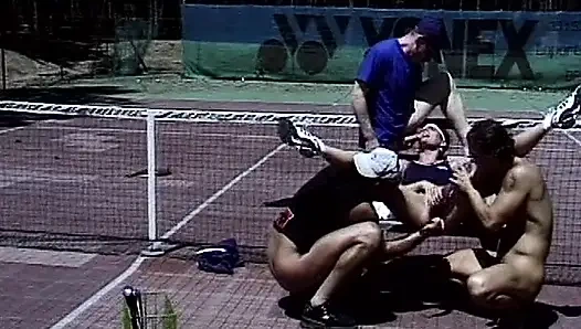 Piss-addicted French slut fucked in gangbang on the tennis court