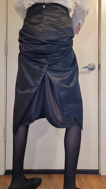 Long black satin skirt with a black satin half slip.
