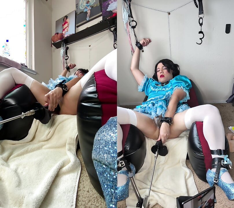 Sissy Candy on Her Inflatable Chair in Self Bondage with Her Fucking Machine