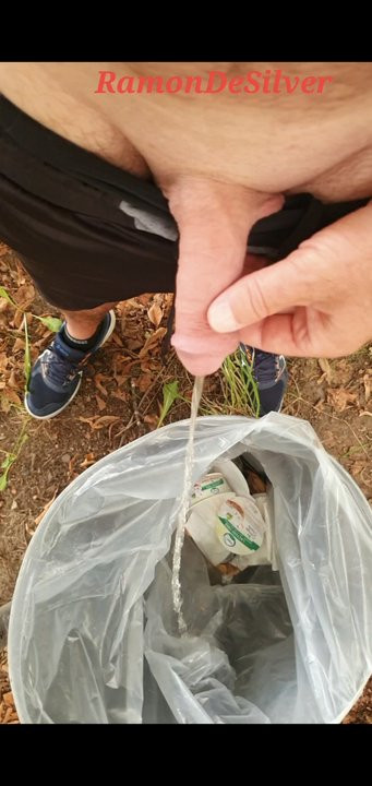 Master Ramon pisses in the trash can in the park, golden champagne