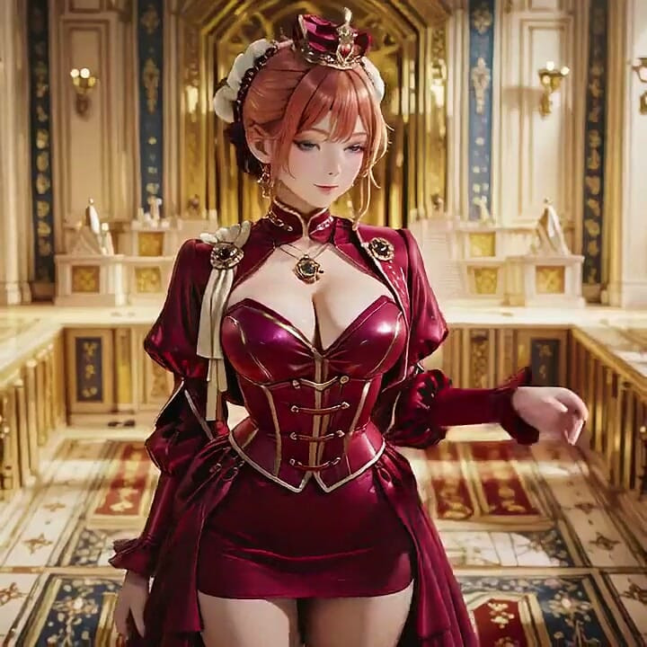 Rainha Vermelha no Trono de Ouro! Vestido de veludo profundo, descanso preguiçoso no queixo, e um olhar que se tranca em você. Ela é uma régua ou presa?