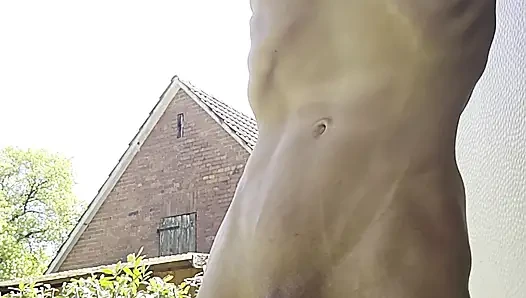 Skinny boy naked pissing und sperm. Piss n sperm flows from big uncut dick outdoor