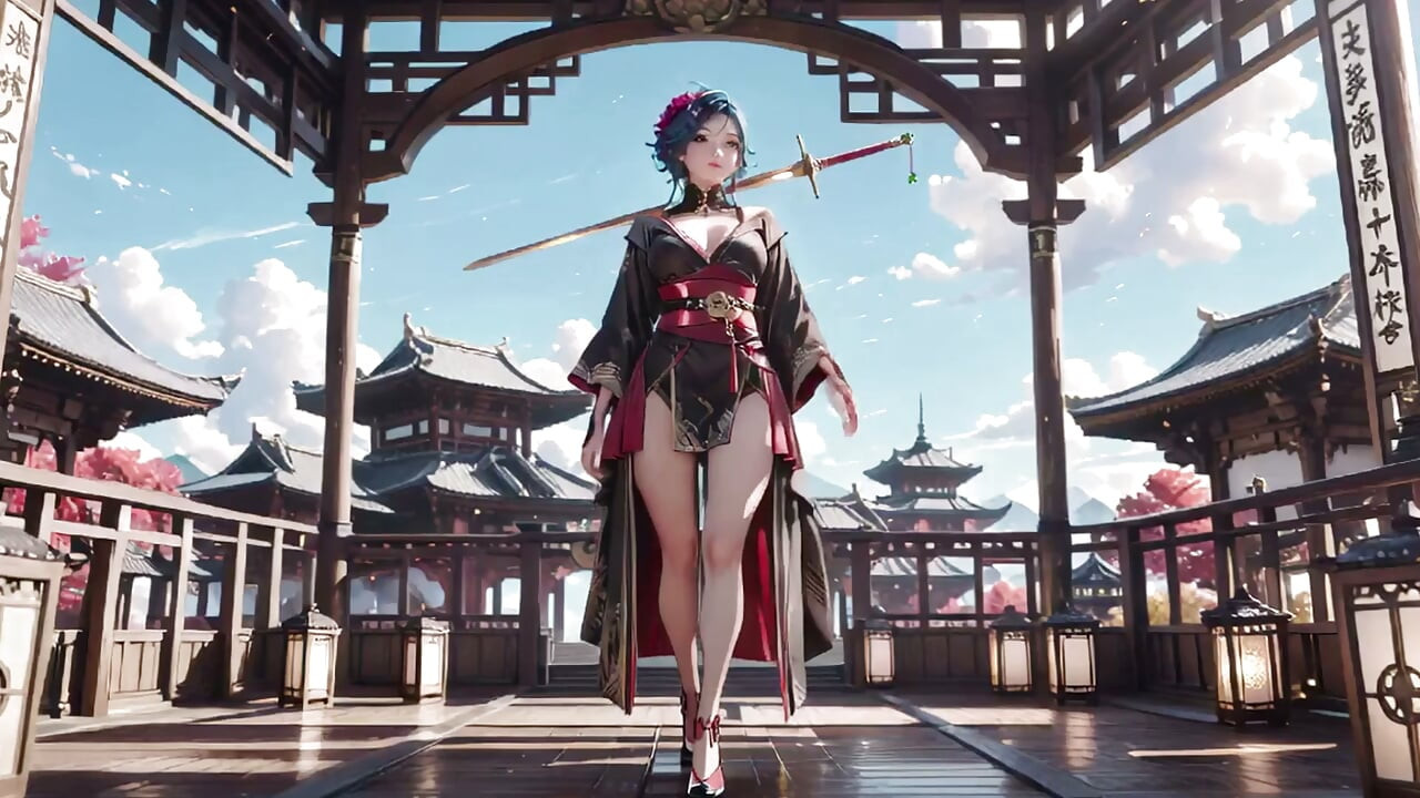 ¡Espadachina de Cabello Azul! ¡De pie descalza sobre nubes flotantes con un kimono negro y rojo!
