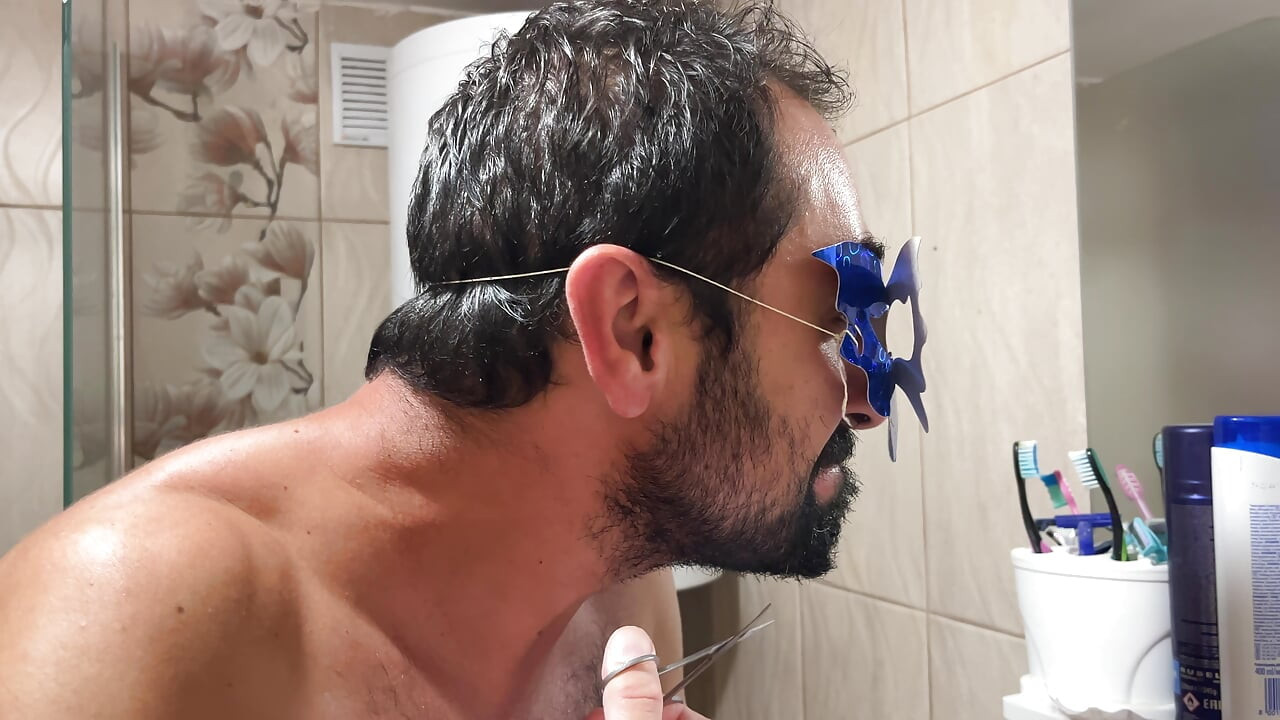 Grooming Routine Earl Smile Trimming Beard With Scissors In Bathroom