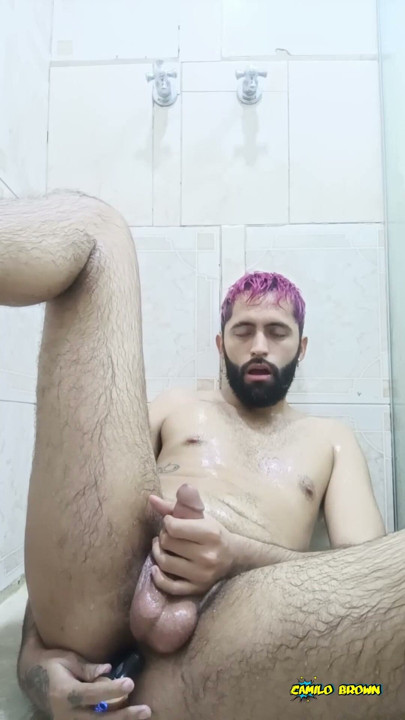 Big Dick Latino Camilo Brown Using Oil And a Vibrator In The Shower To Give Himself An Intense Prostate Orgasm | Clip 1