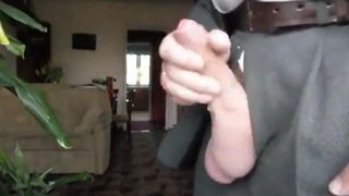 Old man jerk off and cum his big cock in suit