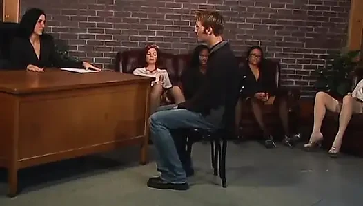 Busty bosses have horny dude deep throat their strap on