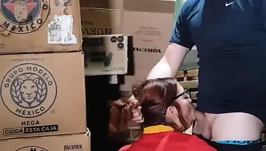 Shop cashier her boss in the cellar