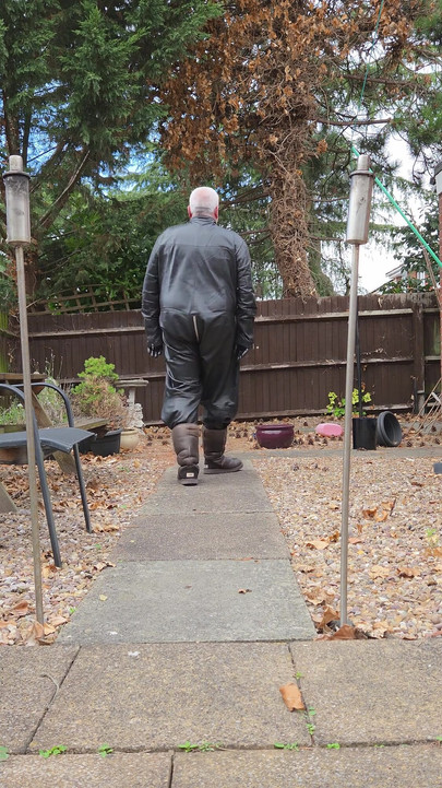 Leather Overalls in the Garden