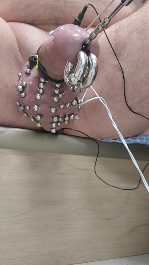 Double 00 prince albert piercings, heavily pierced scrotum estim stimulation until thick cum flows | Clip 1