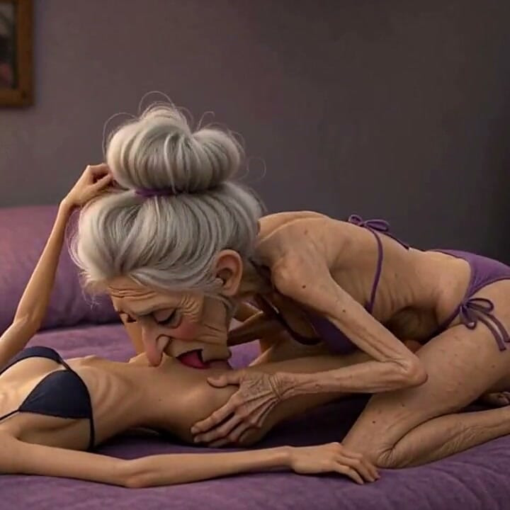 Extremely Skinny Old Woman Licks a Skinny Young Woman's Pussy