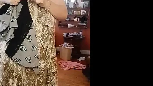 Dressing  in fluffy print dress from nude