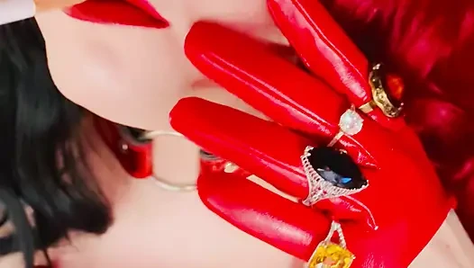Gekleidet in einem Lederkleid, Handschuhen und Schmuck, miss Tina Snua raucht eine Zigarette