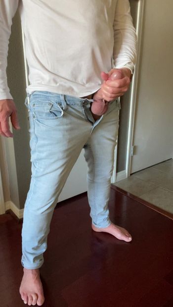 Barefoot in jeans stroking my hot fat cock. C’mon is there anything sexier than a dude barefoot in jeans with a nice hard cock? Suck my nuts while I shoot all over your face brah.