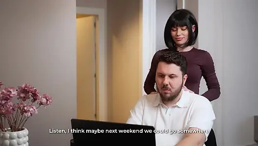 Sekretärin marimoore kriegt einen schwanz tief in den hals und hat harten sex mit ihrem chef, während seine frau im nebenzimmer ist