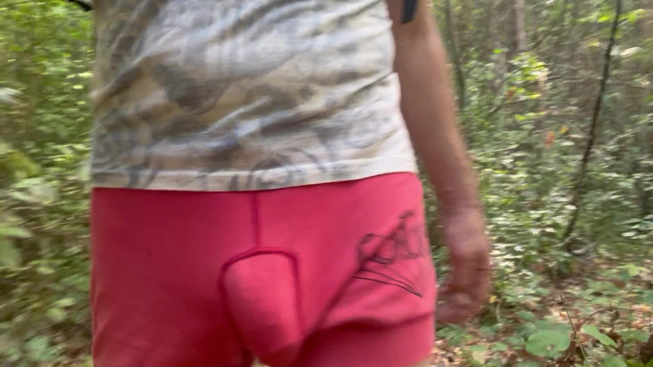Cute public forest bulge walk, looking for cruising pals in my shorts.