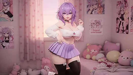 Thicc Purple Hair Anime Girl Twerking Big Ass in Garter Belt