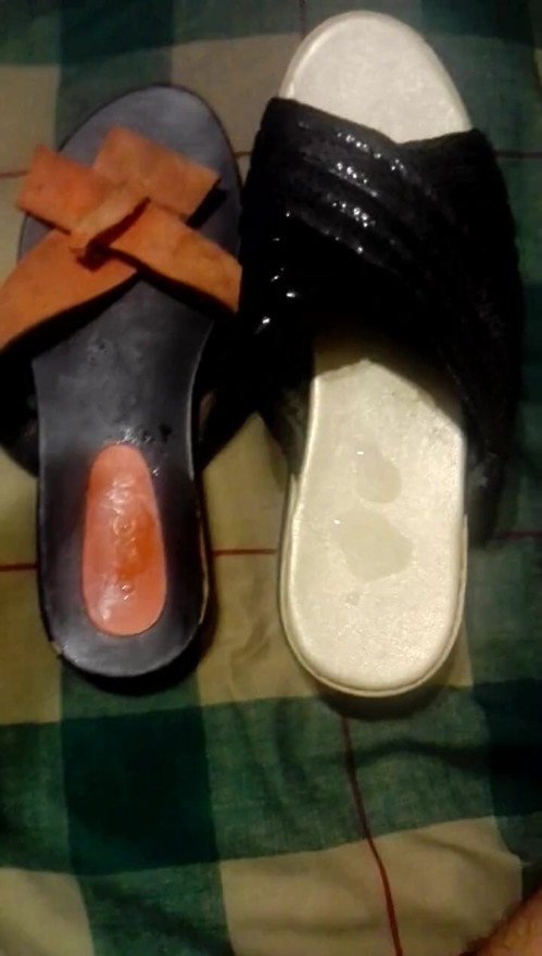 Vacuuming my gf's and friend's sandals with cum.