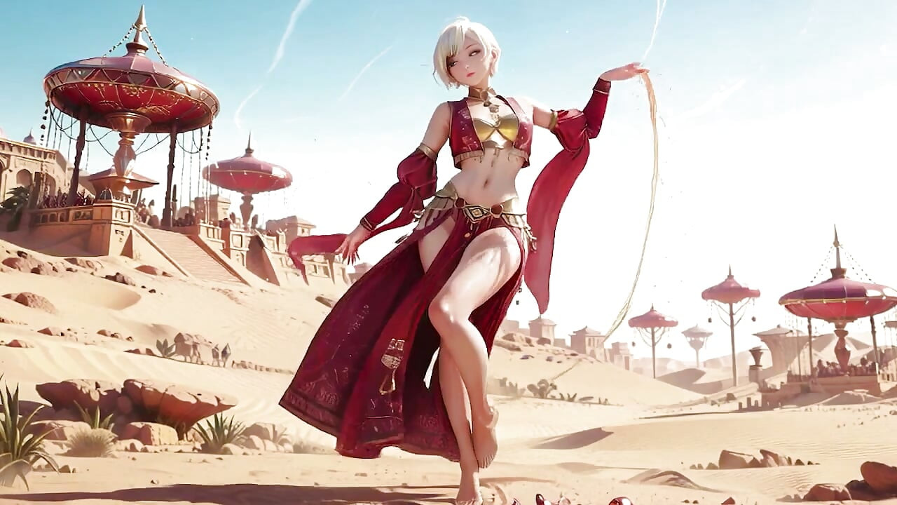 Fantasia no Deserto! Dança particular da Santa de cabelos prateados no Palácio Vermelho-Dourado, fitas de luz envolvendo seu corpo.
