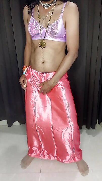 Satin lehnga and satin bra panty wearing for my stepmom