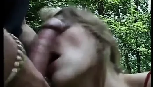 Horny slut teen sucking cock and swallowing outside