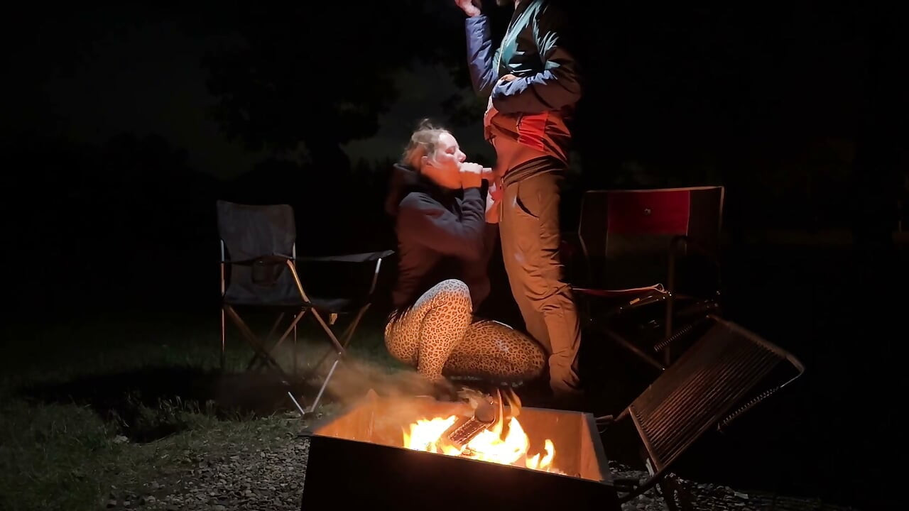 Wife caught masturbating in public restroom, then fucked by the campfire