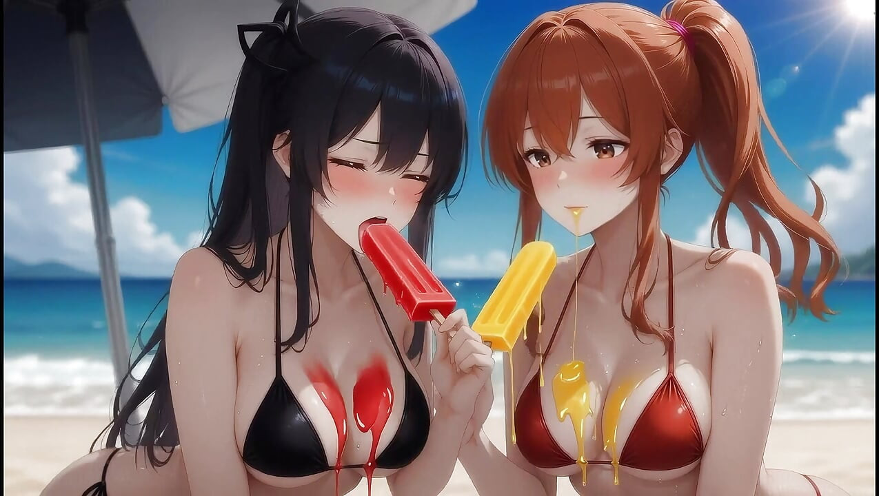 AI Gothic Beauty Meets Redhead Beauty – Beach Crossover (Eating Ice Pops)
