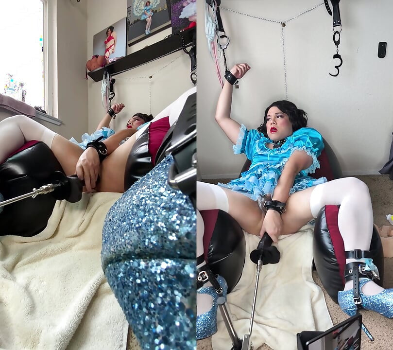 Sissy Candy sur sa chaise gonflable en auto-bondage avec sa machine à baiser