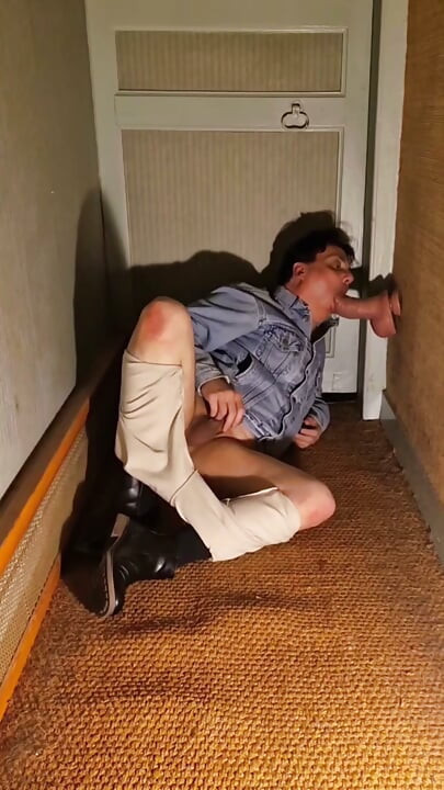Dildo Sucking and Anal Masturbation in a Corridor